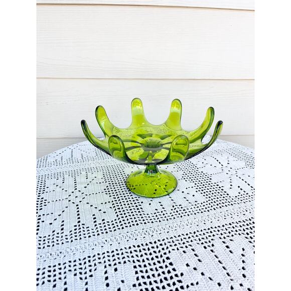 Vintage Viking Green Glass Pedestal Bowl: MCM 8 Petal Dish - Picture 4 of 4